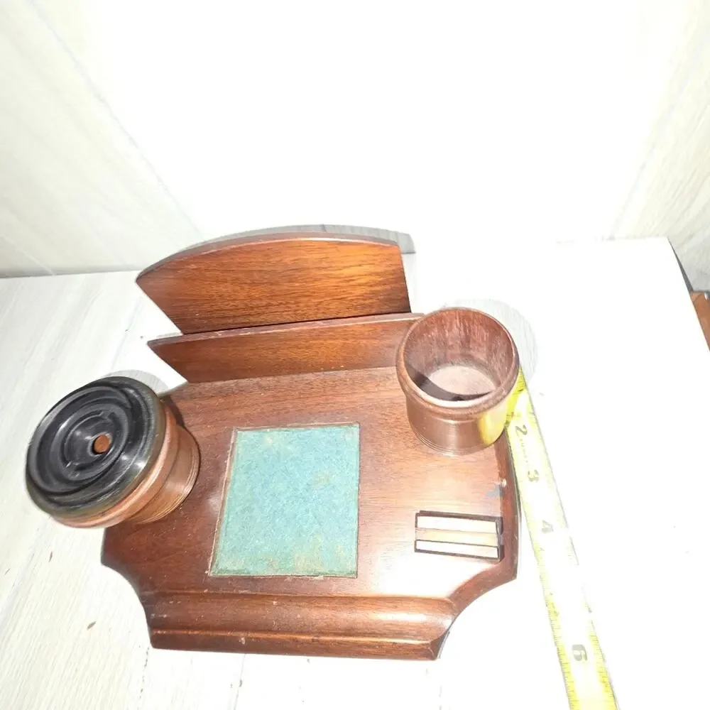 Vtg Antiqe 1920s? French Wooden French Desk Tidy Organizer Lided Ink Well Pen